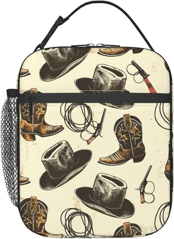 Reusable Western Lunch Box for Kids Girls Boys Women Adult, Insulated Cowboy Hat Boot Lunch Bag,Polyester Cooler Lasso Handbags Case for School Picnic Work Travel Beach or Hiking (Vintage)