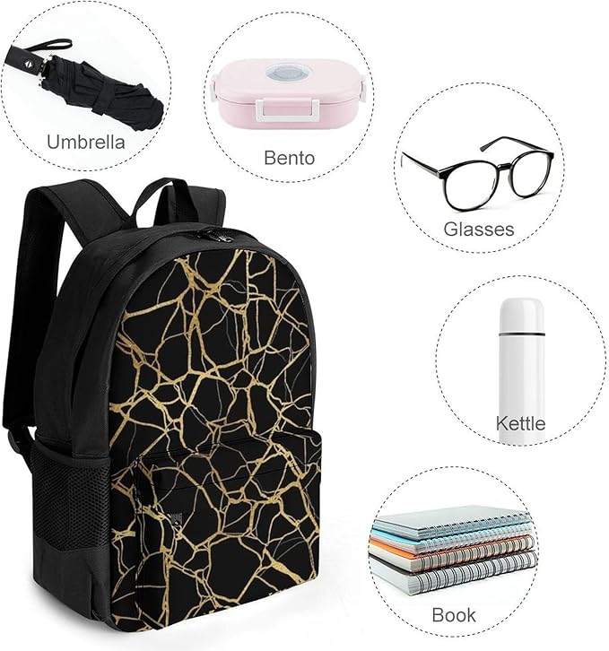 Supdreamc Lightweight Rucksack for Sports Travel Running, Big Capacity Multipurpose Anti-Theft Bookbag, Gold Black Marble Texture Travel and Sport Backpack Rucksack