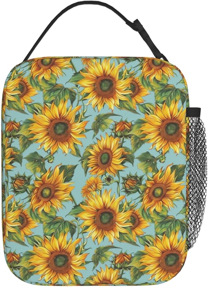 Reusable Sunflower Lunch Box for Kids Girls Boys Women Adult, Insulated Floral Lunch Bag,Polyester Cooler Flower Handbags Case for School Picnic Work Travel Beach or Hiking (Light Blue)