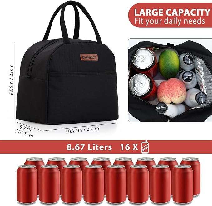 Insulated Lunch Bag for Women Men, Lunch Containers Reusable High Capacity Lunch Tote Bags for Work Picnic (Black)