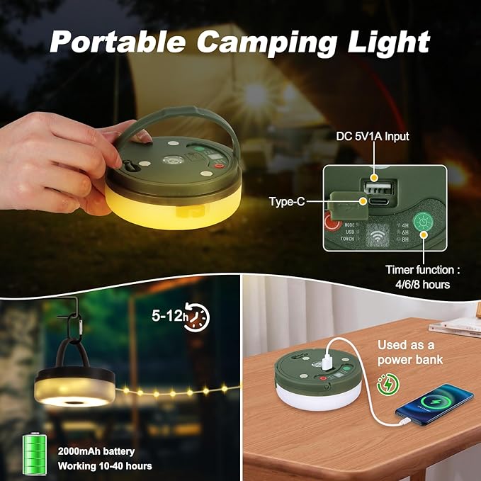 SMY Lighting 3 in 1 Camping String Light Rechargeable(32.8Ft), Warm White Portable Outdoor String Lights, Tent Fairy Lights, Multi-Modes & Brightness,USB RV Awning Lights for Camper, Hiking and Yard