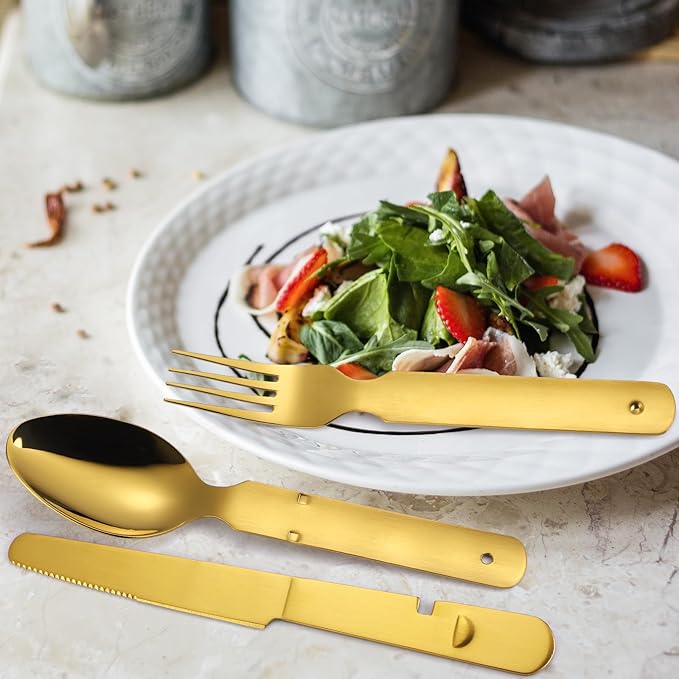 Picnic Silverware Gold Camping Cutlery Fork Knife Spoon Bottle Opener 4 Pieces Flatware Utensil Kit Foldable for Outdoor Kitchen Daily Use Easy To Clean