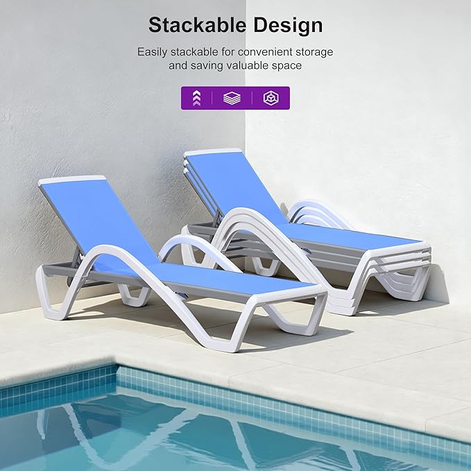 PURPLE LEAF Patio Chaise Lounge Chair Set of 3 Outside Aluminum Plastic Stackable Tanning Chairs with Armrests and Side Table for Pool Sunbathing Beach Deck Outdoor Lounger, Royal Blue