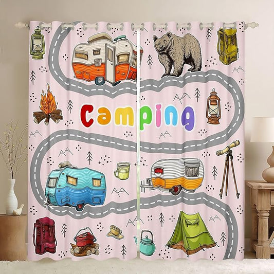 Feelyou Cute Pink Rv Camping Camper Curtains for Bedroom Living Room Wildlife Animal Bear Blackout Darkening Drapes Happy Camping Window Treatments, 2 Panels 52 x 90 Inch Room Decor