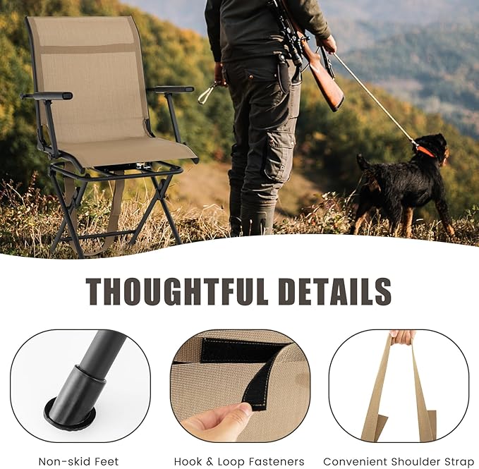 LDAILY Moccha Hunting Chair, 360° Swivel Blind Chair w/Armrest & Mesh Back, Non-Slipping Pads, Sturdy Metal Frame, 330LBS Capacity, Portable and Silent Folding Hunting Chairs for Blinds (Brown)