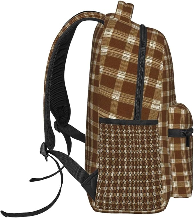 Daypack Bookbag Anti-Theft Multipurpose Large Capacity Bookbag, Beige Tartan Pattern Travel Hiking Camping Rucksack With Adjustable Shoulder Straps