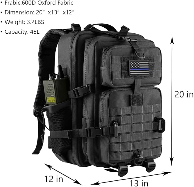 45L MOLLE Assault Backpack, Tactical Backpack Military Army Camping Rucksack with Bottle Holder, 3-Day Pack Trip w/USA Flag Patch, D-Rings, Black