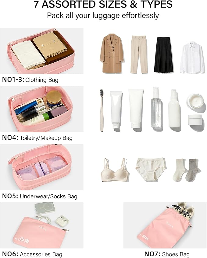 Hanke 7 Piece Expandable Compression Packing Cubes, Premium Travel Packing Organizers for Suitcases/Carry On, Luggage Organizer Bags with Breathable Mesh & Label,Pink