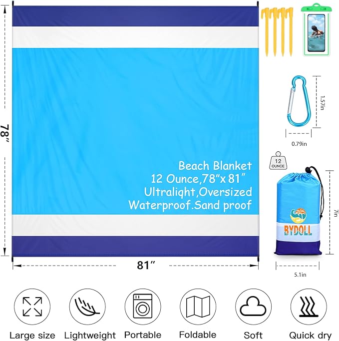 BYDOLL Beach Blanket Waterproof Sandproof Large 78''×81''/10'×9' Sand Free Oversized Sandless Picnic Mat Water Proof Packable Lightweight Blanket for Beach Camping Hiking Travel