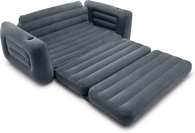 Intex 2 in 1 Inflatable Pull Out Sofa and Queen Size Air Bed Mattress with Cup Holders for Indoor and Outdoor Use for Adults (2 Pack), Charcoal Gray