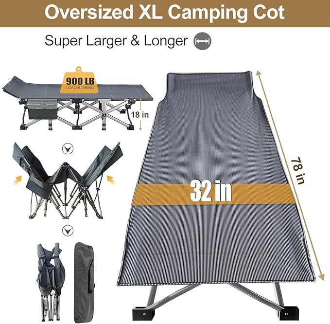 DoCred Oversized XXL Folding Camping Cot with 2” Mattress, Heavy Duty Sleeping Cot for Adults, Portable Adults Outdoor Bed with Carry Bag, Travel Camp Cots