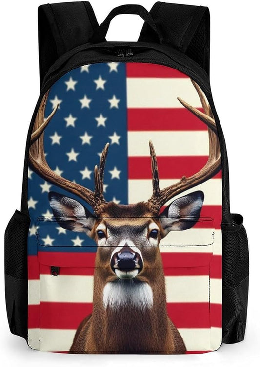 Supdreamc Lightweight Backpack for Gym Travel Bicycle, Big Capacity Multipurpose Anti-Theft Carry On Bag, American Hunting Deer Flag Travel Hiking Bag Day Pack