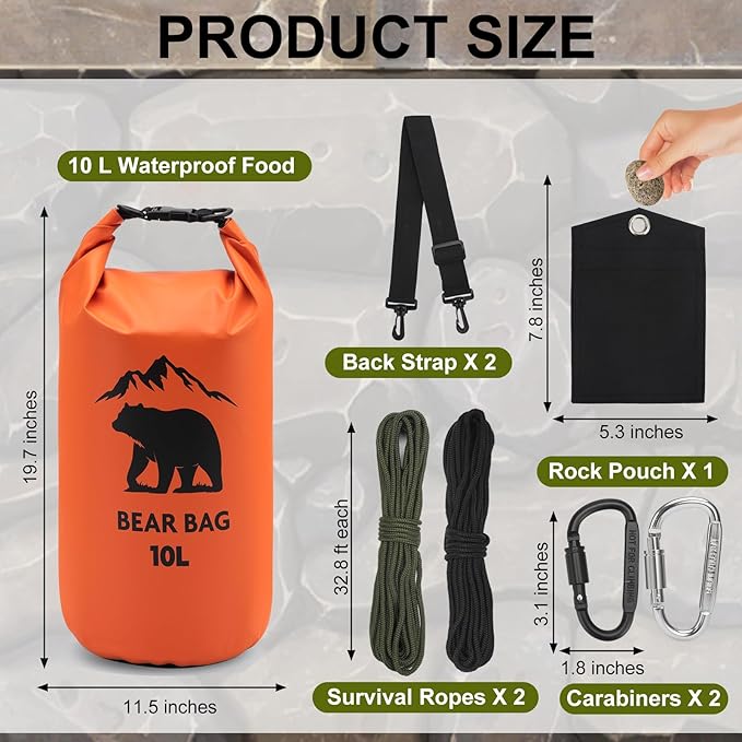 1 Set Bear Bags for Food Backpacking 10L Bear Food Bag Hanging System Bear Proof Food Storage Includes Waterproof Bear Bag, Rock Pouch, Hooks and Nylon Ropes for Camping Hiking (10 L, Orange)