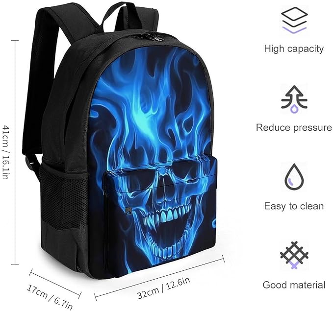 Supdreamc Backpack Multipurpose Anti-Theft Large Capacity Bookbag, Fire Flaming Blue Cool Skull Travel Hiking Daypack With Side Pockets