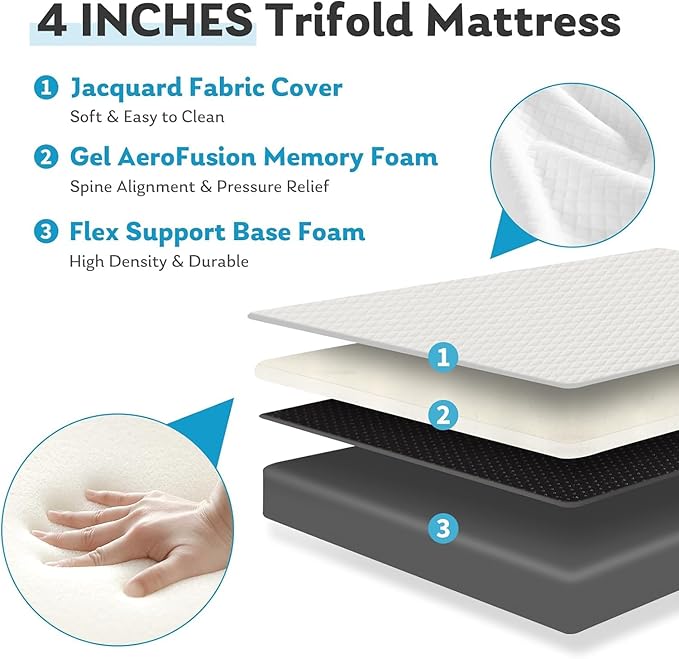 Folding Mattress, 4 inch Memory Foam Tri-Fold Mattress Topper with Washable Cover for Camping, oldable Bed, Guest beds, Portable Travel Mat, 75"×25"×4", White