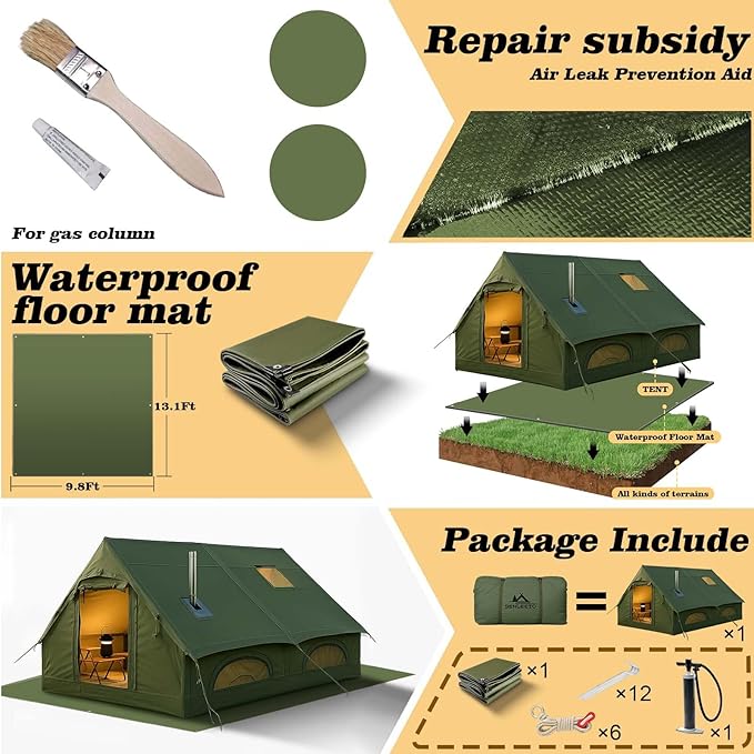 Inflatable Camping Tents 8-10 Person,129 Square Feets Large Inflatable Camping Tent with Stove Jack,Blow up Tent with Mesh Windows & Pump