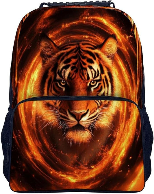 Lightweight Backpack for Gym Travel Bicycle, Big Capacity Multipurpose Anti-Theft Carry On Bag, Wild Angry Animal King Fire Flame Tiger Travel Hiking Bag Day Pack