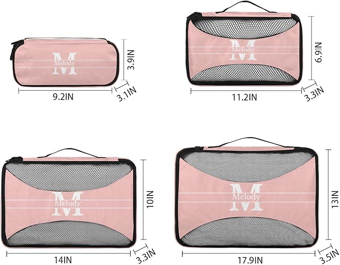 Custom Packing Cubes with Name, 4Pcs/Set Travel Luggage Packing Organizers Set for Women, Pale Pink Background with Initial Letter
