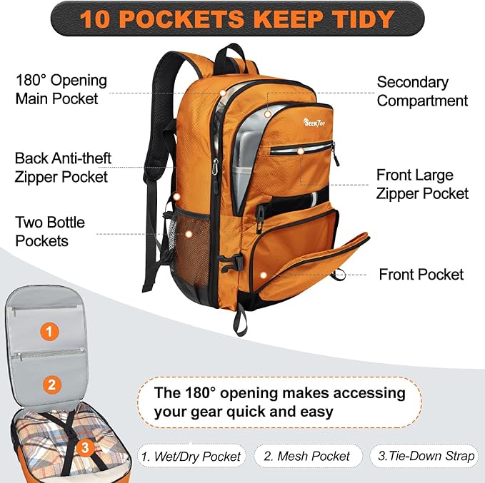 Seektop 40L Foldable Hiking Backpack for Women Men Lightweight Packable Travel Backpack Carry on Flight Approved for Outdoor Camping Sport Leisure (Orange)