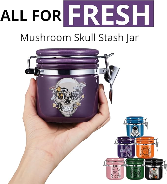 Mushroom Skull Stash Jar Half Oz (250ml), Odor Smell Proof Jar Airtight Container Keep Herbs Fresh Storage, Mushroom Skull Bowl Bottle Holder - Goth Skull Decor Gothic Mushroom Skull Gifts - Purple