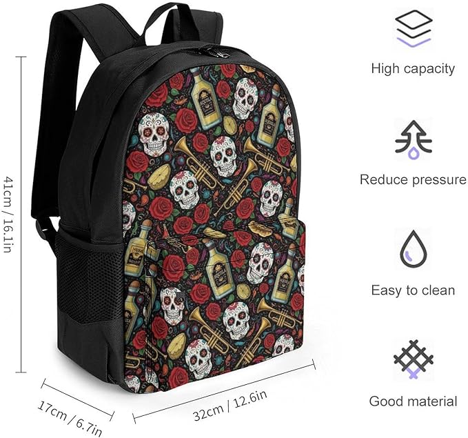 Lightweight Rucksacks for Camping Picnic Walking Cycling, Large Capacity Multipurpose Anti-Theft Carry On Bag, Vintage Day Of Dead Sugar Skulls Rose Flowers Cactus Travel Hiking Camping Rucksack