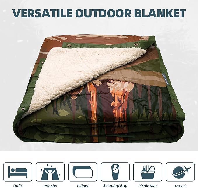 Outdoor Camping Blanket with Sherpa Lining, Extra Warm Thick Camp Blankets and Puffy Ultralight Soft Poncho DWR Camping Quilt for Cold Weather, Adventure, Sleeping, Backpacking 78"x 56"