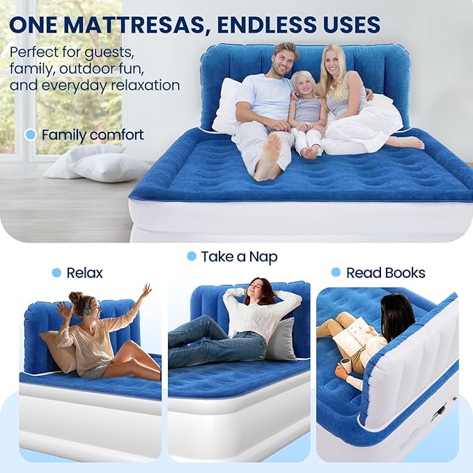Queen Air Mattress with Headboard, Built-in Pump, 19" Raised Comfort Design, 800 lbs Max, 48-Hour Leak-Tested PVC, 3.5 Min Fast Inflation & Headboard, Durable Air Bed for Home, Guests Bed, Travel
