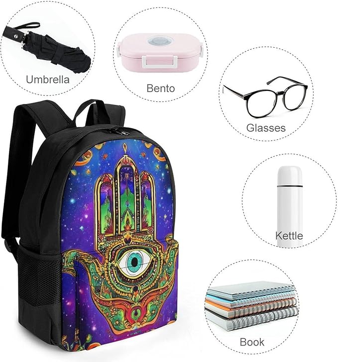 Daypack Bookbag Anti-Theft Multipurpose Large Capacity Bookbag, Colorful Eye Hamsa Hand Lotus Ethnic Indian Art Travel Hiking Camping Rucksack With Adjustable Shoulder Straps