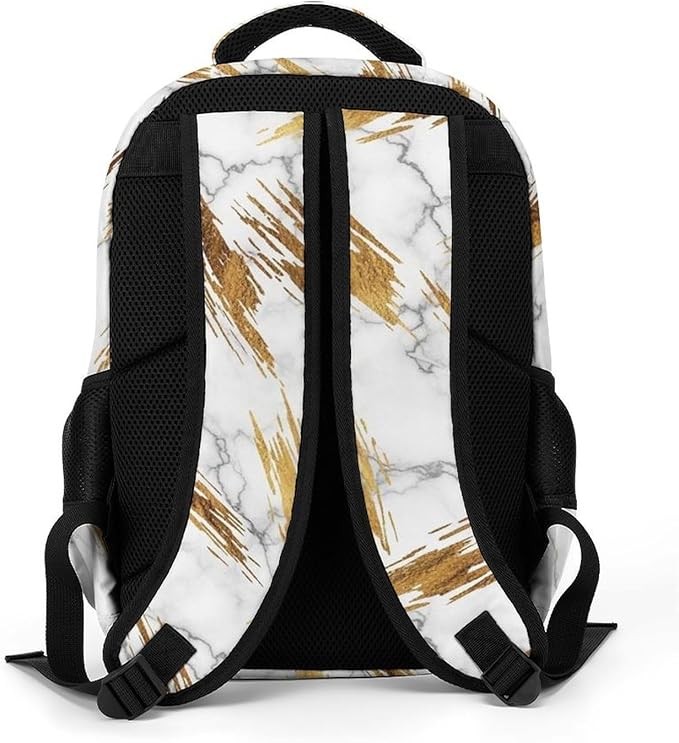 Water Resistant College Bookbag Gold Marble Texture White, Sturdy Laptop Backpack with Water Bottle Pockets for Men Women Travel Work