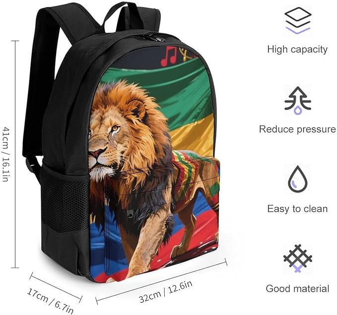Rucksack Polyester Anti-Theft Multipurpose Jamaican Rasta Flag Rastafarian Reggae Lion Art Bookbag Big Capacity Travel and Sport Backpack Rucksack With Side Pockets