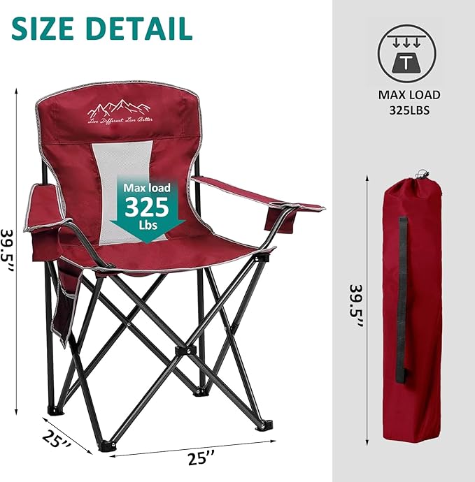 Outdoor Folding Camping Chair with Cup Holder, Storage Bag, Large Anti-Sink Feet, 325lbs Capacity, Breathable Mesh Portable Chair for Camping, Beach, Fishing, Sports, Red