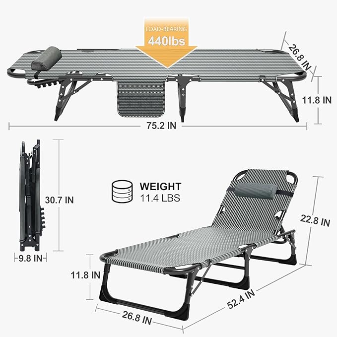 ABORON 5 Positions Camping Cots for Adults,Outdoor Folding Sleeping Cot/Mat,Folding Chaise Lounge Chair with Pillow,Portable Reclining Chair for Beach Lawn Camping Pool,Sunbathing Chairs