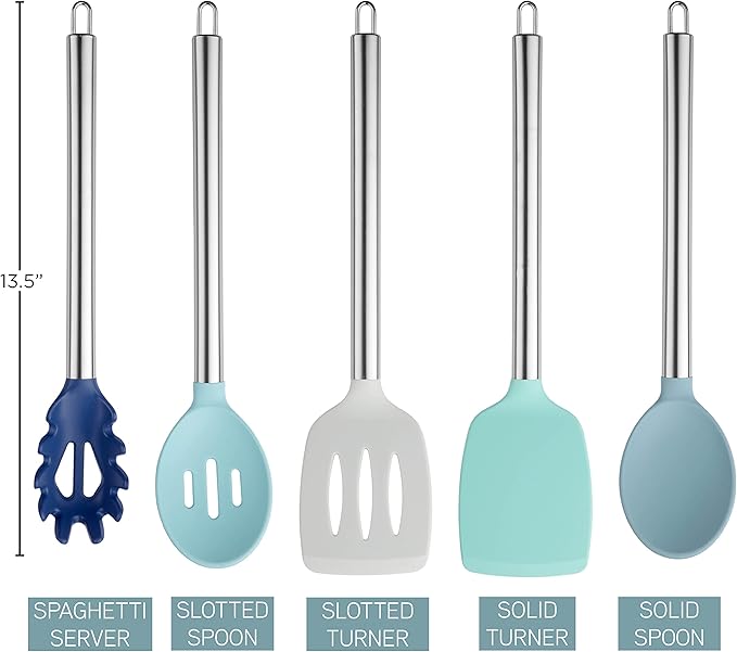 COOK WITH COLOR Silicone Cooking Utensils, Kitchen Utensil Set, Easy to Clean Silicone Kitchen Utensils, Cooking Utensils for Nonstick Cookware, Kitchen Gadgets Set, 5 Pieces, Blue Ombre
