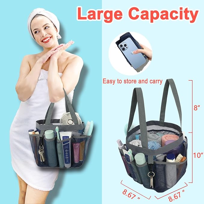 Mesh Shower Caddy Portable for College Dorm Room Essentials, 8-Pocket Large Shower Basket Tote Bag with 2 Handles for Toiletry, Bathroom, Beach, Camp, Gym