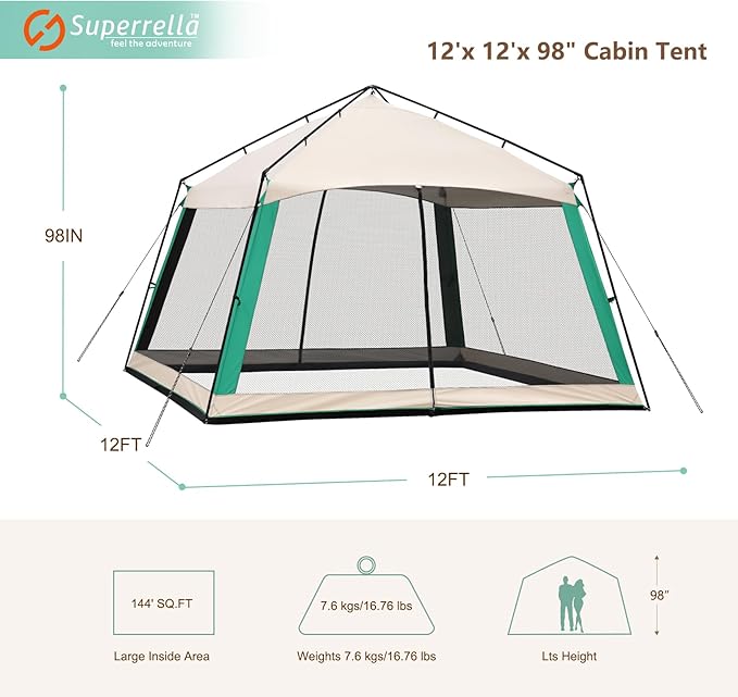 12 x 12 FT Camping Screen Tent for 8-10 Person, Easy Setup Screen House with UV 50+ Sun Protection & Mosquito Net for Camping, Backyard, Picnic, Patio Outdoor Beige & Cyan