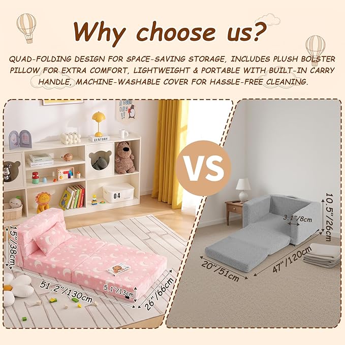 Folding Sofa Bed Floor Mattress for Kids with Pillow, Toddler Glow in Dark Washable Folding Floor Mat for Daycare, Child Foldable Futon Chair with Storage Bag for Playroom, Camping, Pink Moon