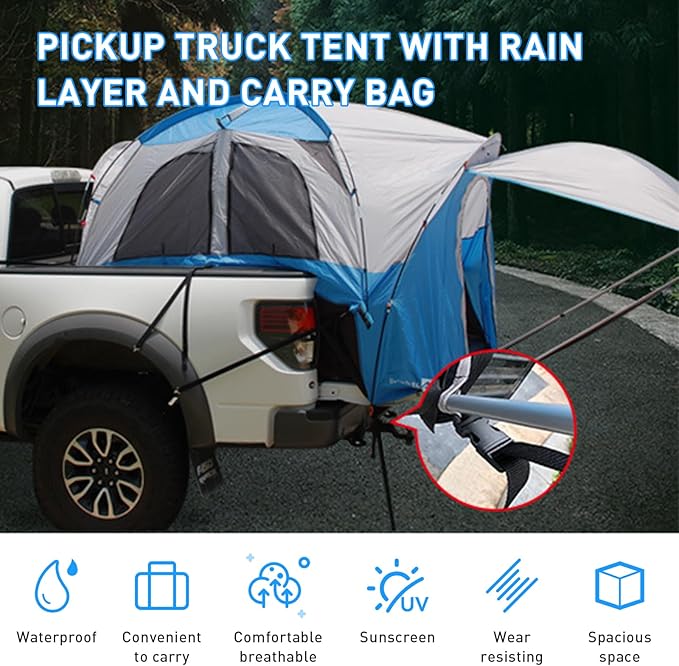 Truck Tent, Pickup Truck Tent with Awning for 5.5-6.7ft, Truck Bed Tent (190+120) x 155 x 165 CM - Waterproof Double Layer 210D Sleeping Tent with Removable Rainfly and Camping Carry Bag