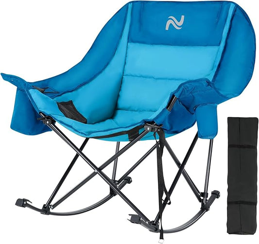 Oversized Rocking Camping Chair for Adults - Padded Recliner Rocker - Folding Lawn Chair with Cooler Bag and Pockets - Portable Rocker Chair Outdoor for Camp Patio Backyard