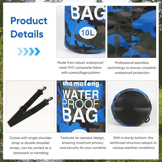 Waterproof Dry Bag 5L/10L/15L/20L/30L Roll Top Dry Storage Backpack with Phone Case, Collapsible Water Bottle, Sunglasses, Ear Band for Kayaking Boating Swimming Fishing Camping, Blue 5L
