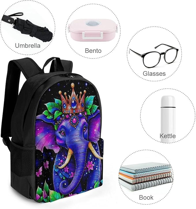 Casual Daypack Multipurpose Anti-Theft Large Capacity Carry On Bag, Tribal Elephants Flowers Shining In The Dark Art Casual Daypack Climbing Shoulder Bag With Padded Straps