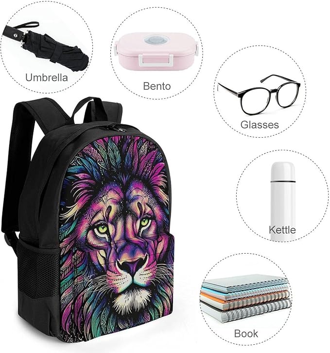 Supdreamc Lightweight Daypack for Camping Business Walking Cycling, Large Capacity Anti-Theft Multipurpose Bookbag, Colorful Lion Galaxy Art Gym Outdoor Hiking Backpack