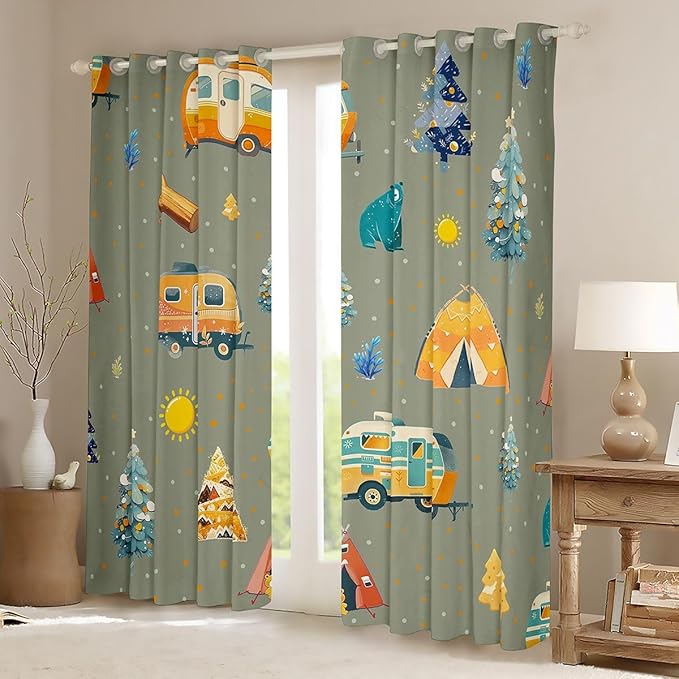 Feelyou Camping Camper Curtains for Bedroom Living Room Adventure Camper Blackout Shades Happy Camping Room Darkening Curtain Window Treatments, 2 Panels 42 x 63 Inch Decor