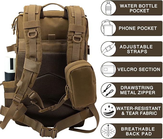Military Tactical Backpack,Sturdy Work & Molle Laptops Rucksack,Army Pack for Hiking Camping Travel Fishing Gym,Khaki