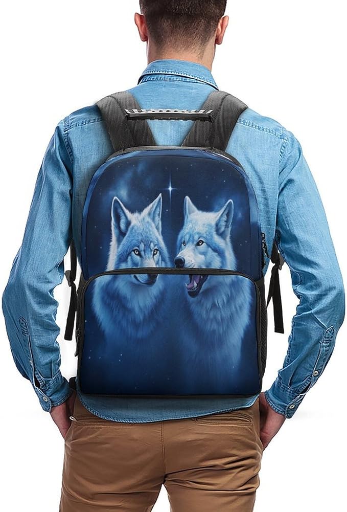 Polyester Daypack Bookbag for Gym Business Bicycle, Large Capacity Multipurpose Anti-Theft Carry On Bag, White Wolves Painting Art Travel Hiking Daypack