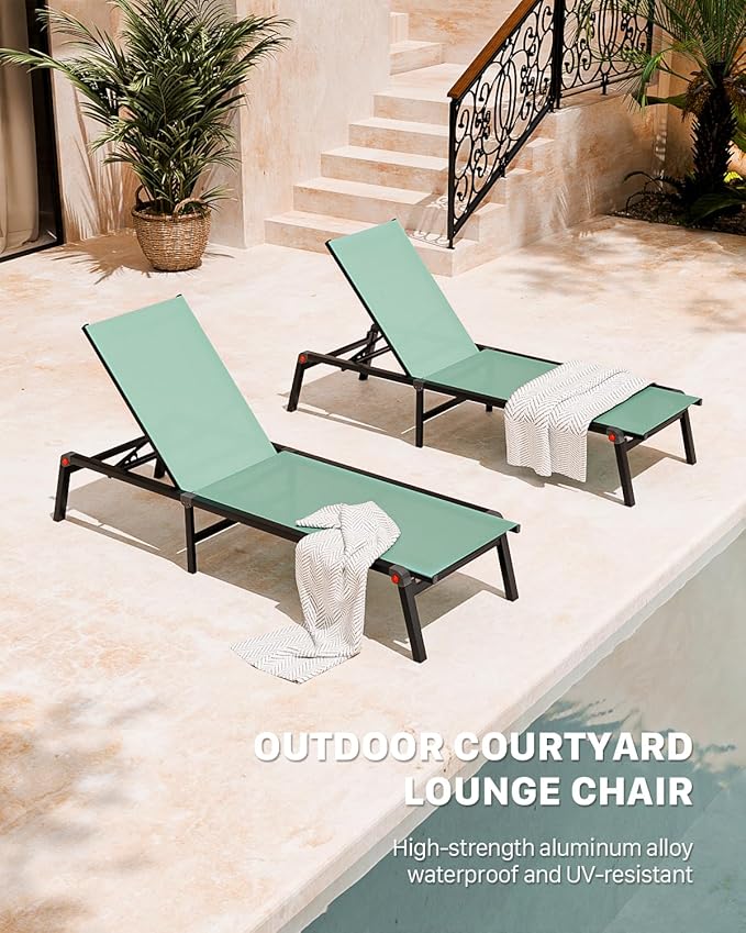 Aluminum Chaise Foldable Patio Lounge Chair Outdoor, Metal Deck Lounger Adjustable 5-Position Recliner Pool Chase Breathable Full Flat Outside Sun Tanning Chairs for Beach/Poolside/Lawn(Green, 2 Pack)