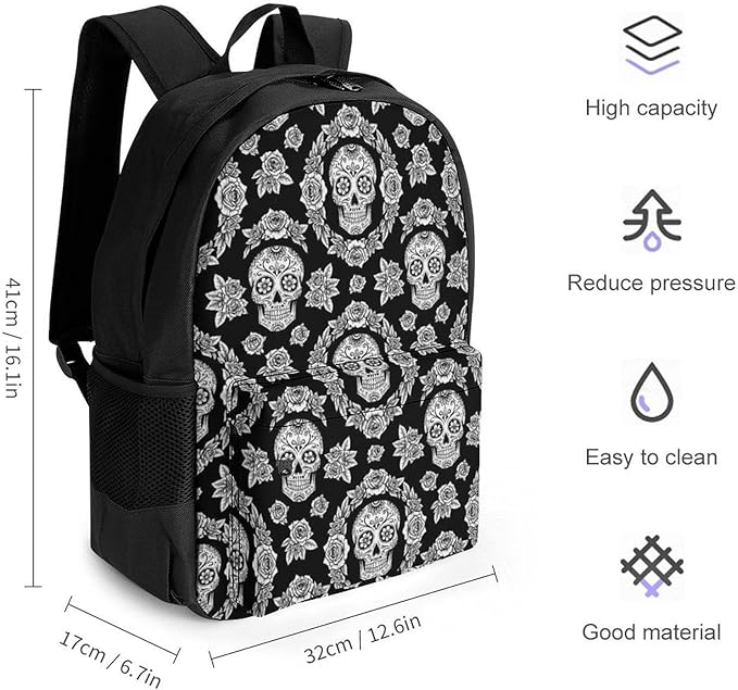 Supdreamc Men Women Lightweight Black And White Floral Day Of The Dead Mexican Sugar Skulls Casual Daypack Large Capacity Bookbag With Adjustable Shoulder Straps for Gym Business Bicycle