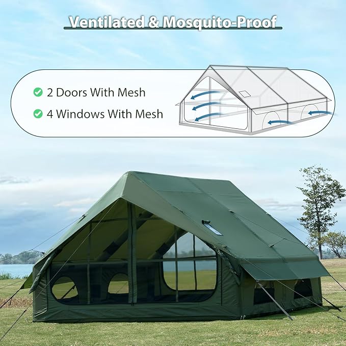 Inflatable Camping Tent with Hand Pump Waterproof Outdoor Blow up Tent 2-8 Person Oxford 4 Season Glamping Air Tent Cabin House with Mesh Windows & Door