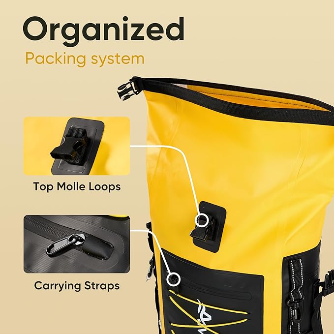 Dry Bag Waterproof Backpack 35L for Men & Women Roll-Top Hiking Backpack with IPX8 Waterproof Phone Case for Kayaking Boating Cushioned Padded Back Yellow