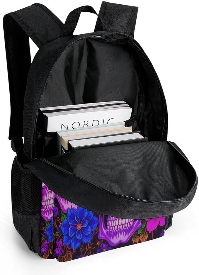 Adults Lightweight Purple Psychedelic Mexican Sugar Skulls Day Of The Dead Floral Flowers Shoulder Book Bags Big Capacity Shoulder Bag With Adjustable Shoulder Straps for Trekking Work Walking Cycling