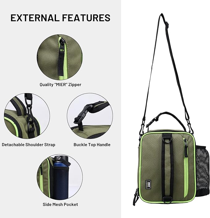 MIER Expandable Lunch Bag Insulated Lunch Box for Men to Work Travel Portable Lunchbox Bags with Shoulder Strap and Water Bottle Holder(Green)